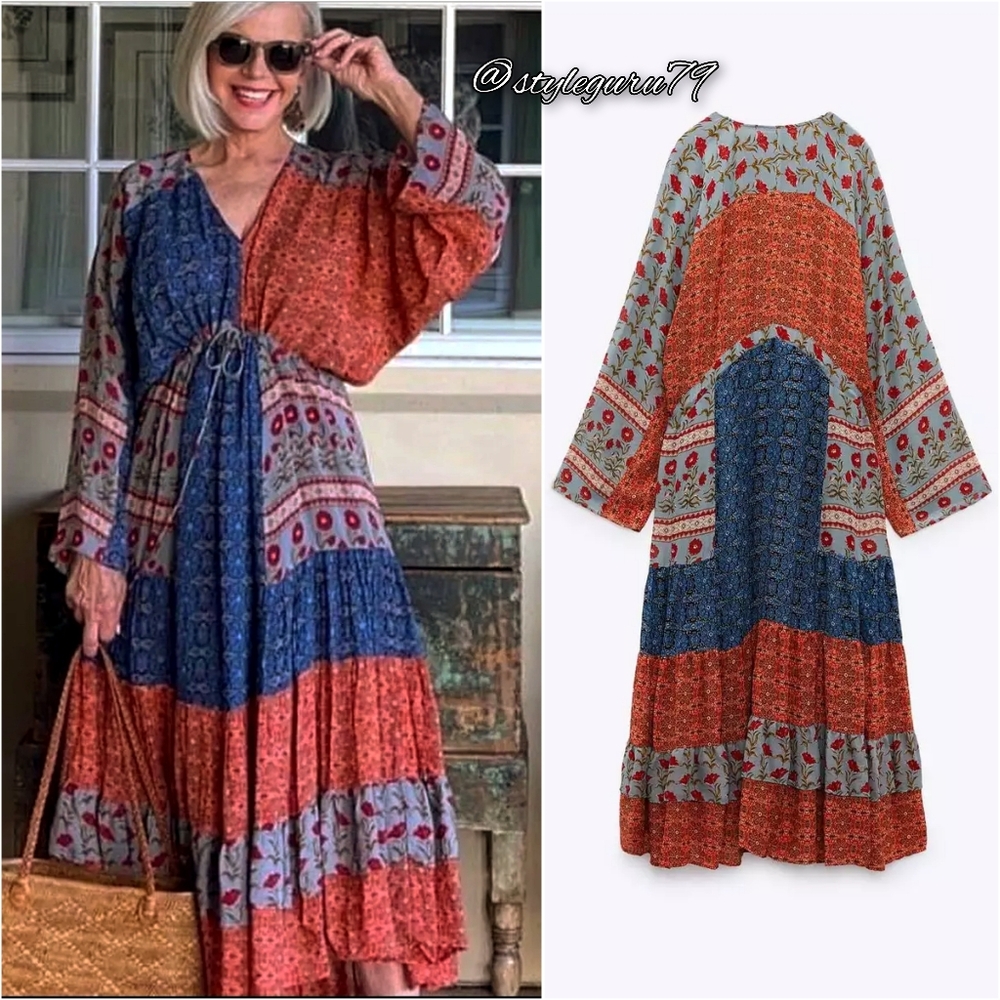 NWT, ZARA, Patchwork Printed Midi Dress - Picture 3 of 7